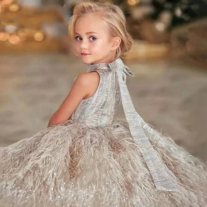 Luxury Champagne Girl Dress Feathers Dubai Kids Pink J323