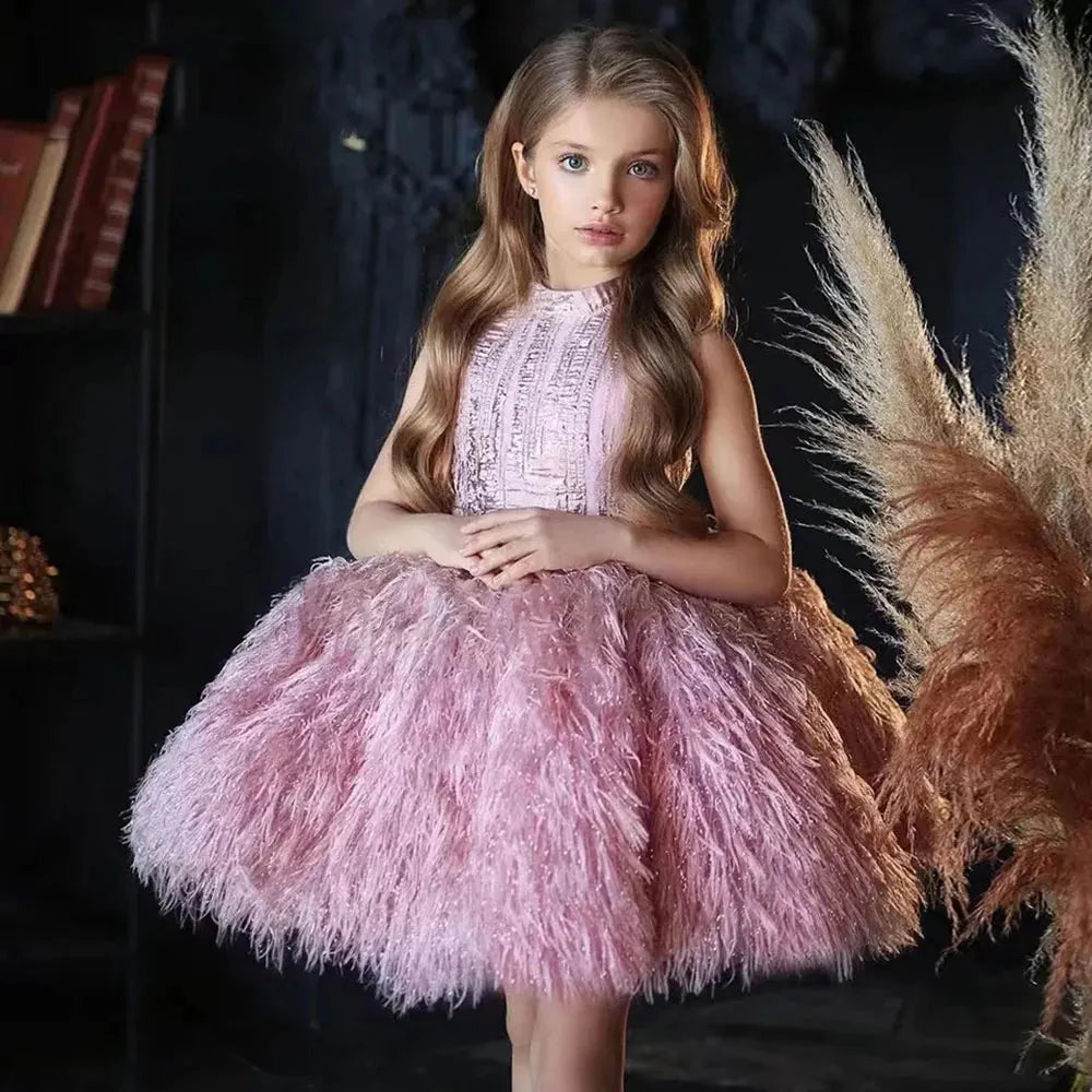 Luxury Champagne Girl Dress Feathers Dubai Kids Pink J323