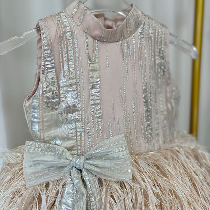 Luxury Champagne Girl Dress Feathers Dubai Kids Pink J323