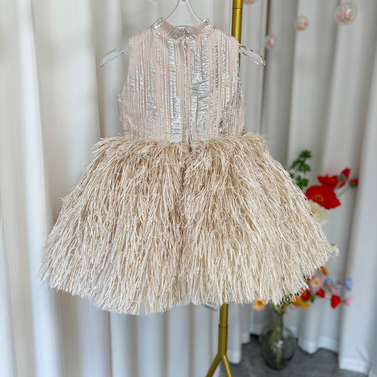 Luxury Champagne Girl Dress Feathers Dubai Kids Pink J323