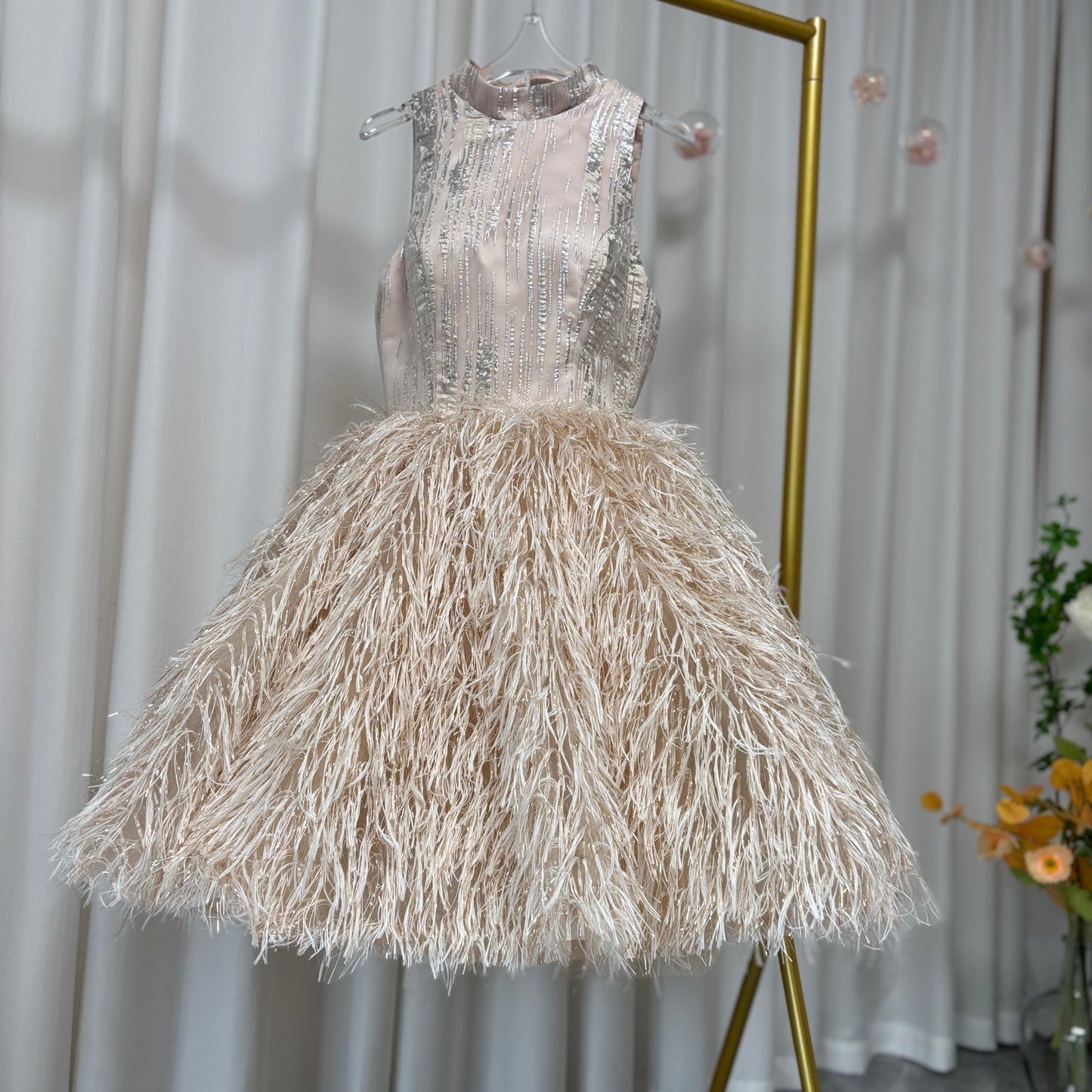 Luxury Champagne Girl Dress Feathers Dubai Kids Pink J323