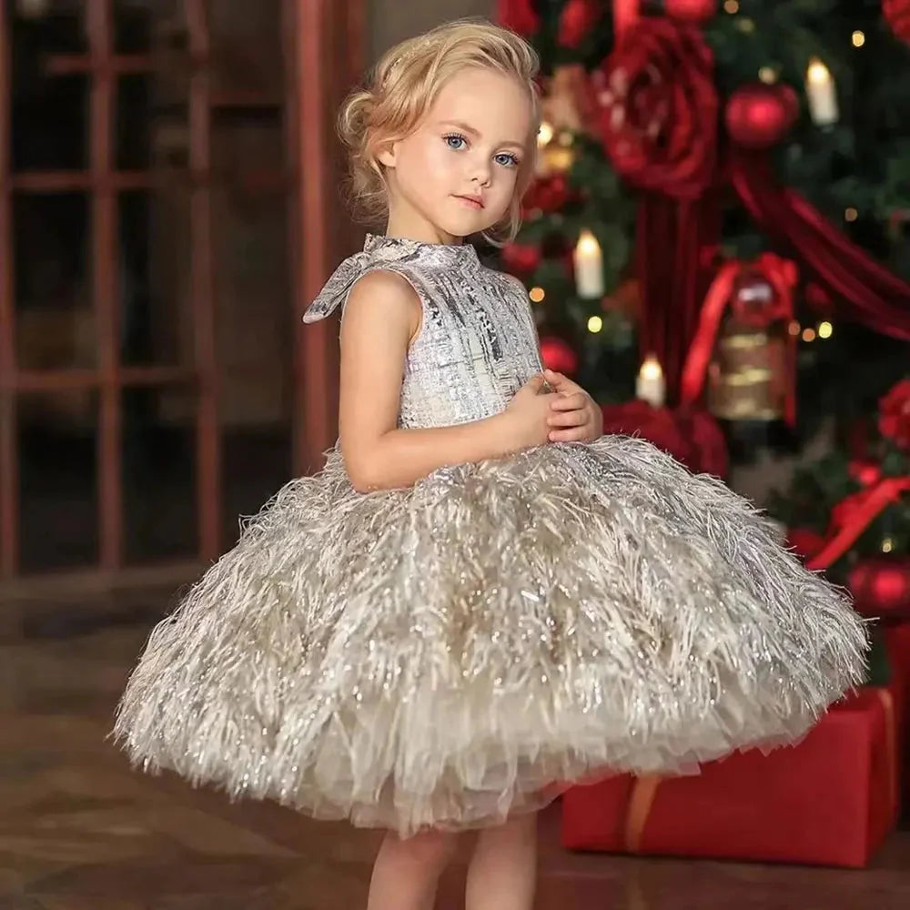 Luxury Champagne Girl Dress Feathers Dubai Kids Pink J323