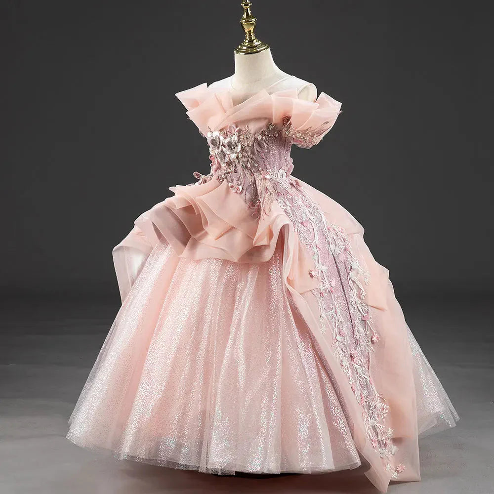 Luxury Coral Girl Dresses Handmade Flower Beading Princess  J016