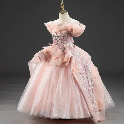 Luxury Coral Girl Dresses Handmade Flower Beading Princess  J016