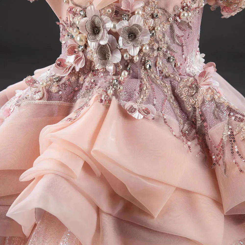 Luxury Coral Girl Dresses Handmade Flower Beading Princess  J016