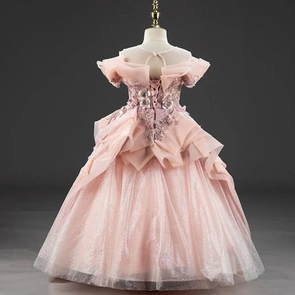 Luxury Coral Girl Dresses Handmade Flower Beading Princess  J016