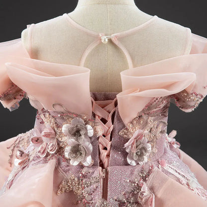 Luxury Coral Girl Dresses Handmade Flower Beading Princess  J016