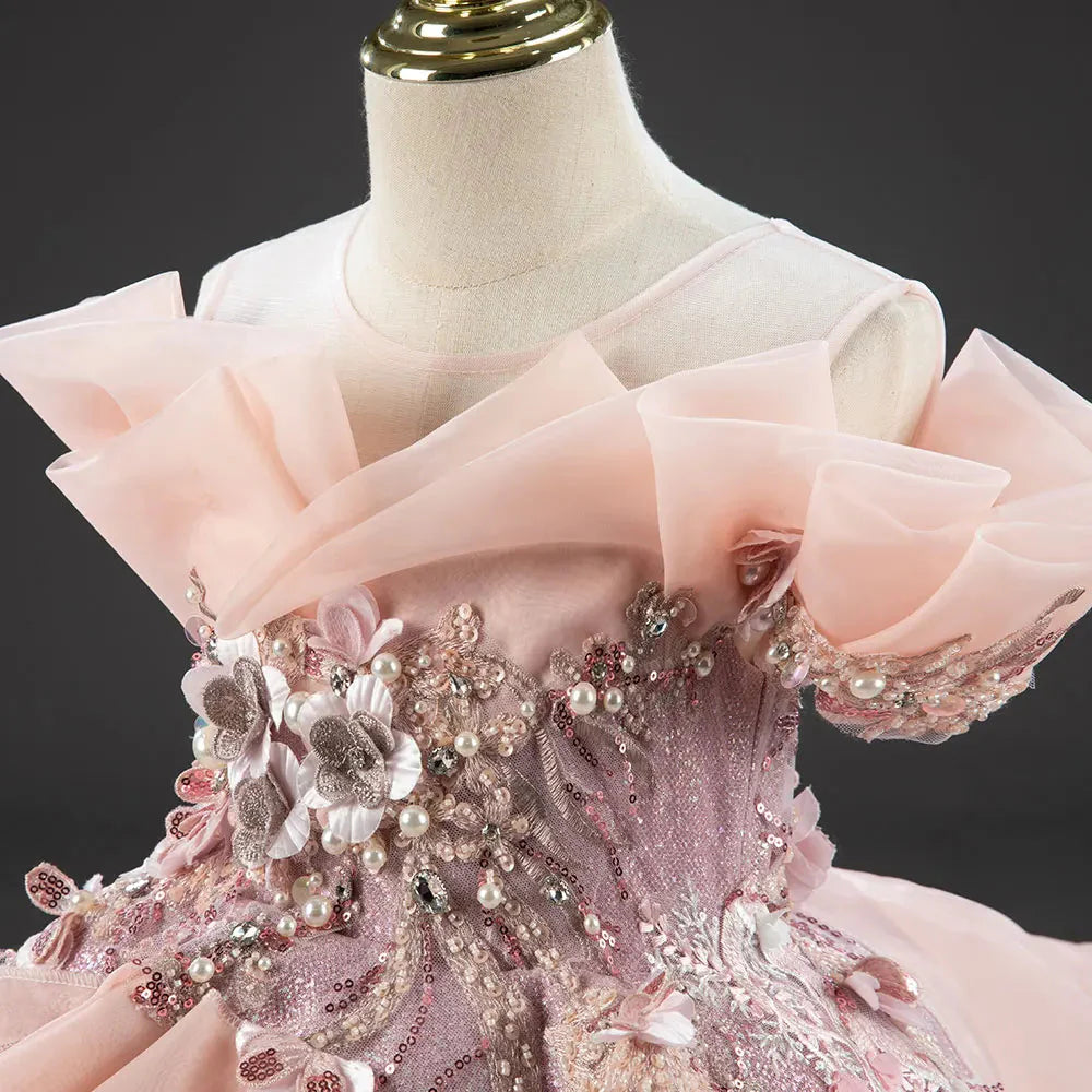 Luxury Coral Girl Dresses Handmade Flower Beading Princess  J016