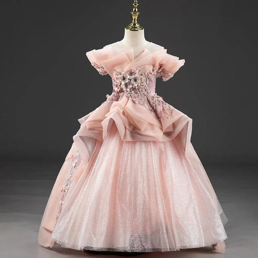 Luxury Coral Girl Dresses Handmade Flower Beading Princess  J016