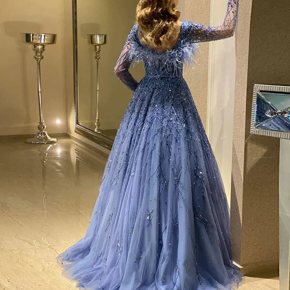 Luxury Dubai Blue Girl Dress Feathers Beaed A-Line Gown J369