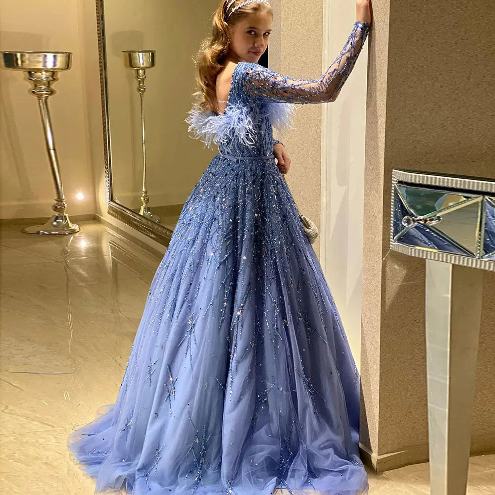 Luxury Dubai Blue Girl Dress Feathers Beaed A-Line Gown J369