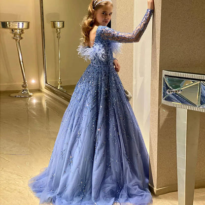 Luxury Dubai Blue Girl Dress Feathers Beaed A-Line Gown J369