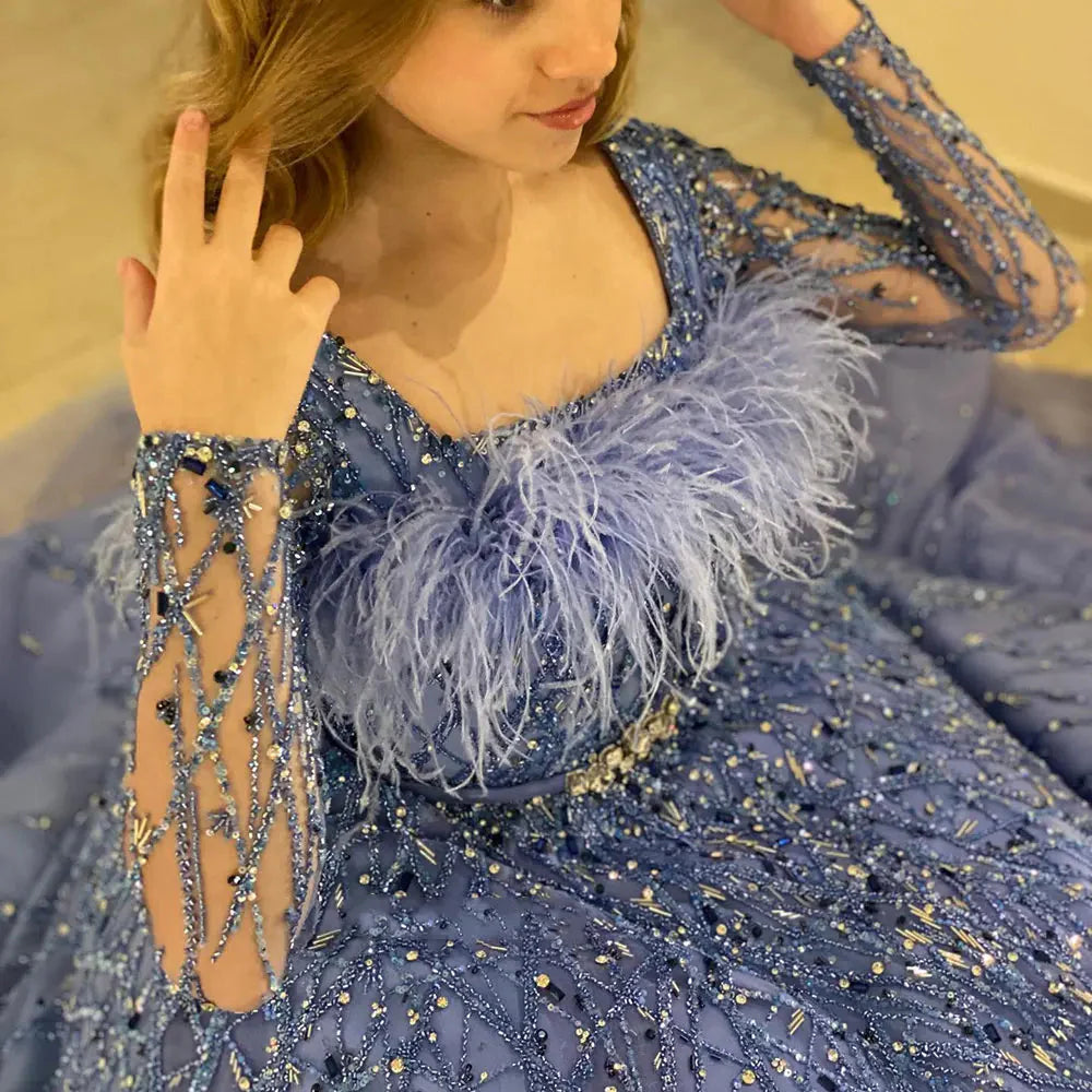 Luxury Dubai Blue Girl Dress Feathers Beaed A-Line Gown J369