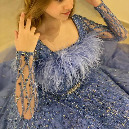 Luxury Dubai Blue Girl Dress Feathers Beaed A-Line Gown J369