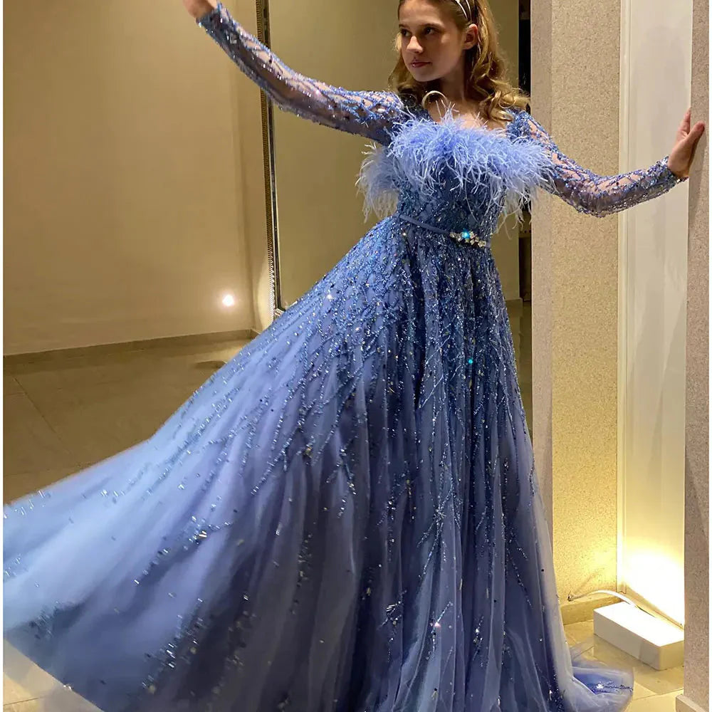 Luxury Dubai Blue Girl Dress Feathers Beaed A-Line Gown J369