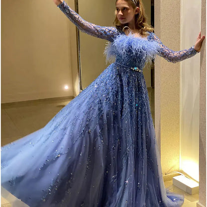 Luxury Dubai Blue Girl Dress Feathers Beaed A-Line Gown J369
