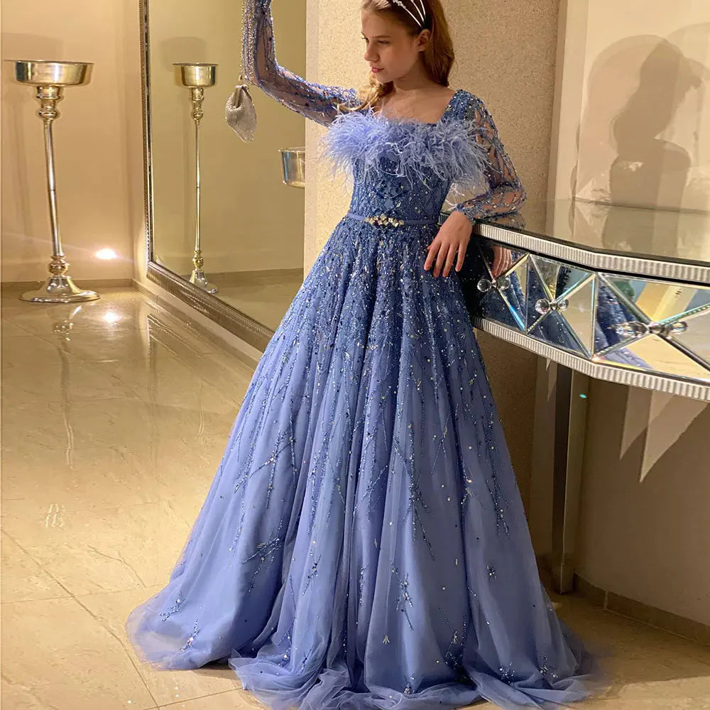 Luxury Dubai Blue Girl Dress Feathers Beaed A-Line Gown J369