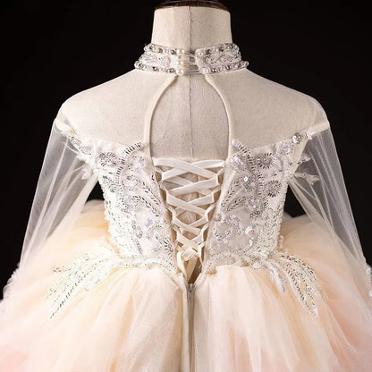 Luxury Dubai Flower Girl Dress Beaded Pearls Arabic Princess J385