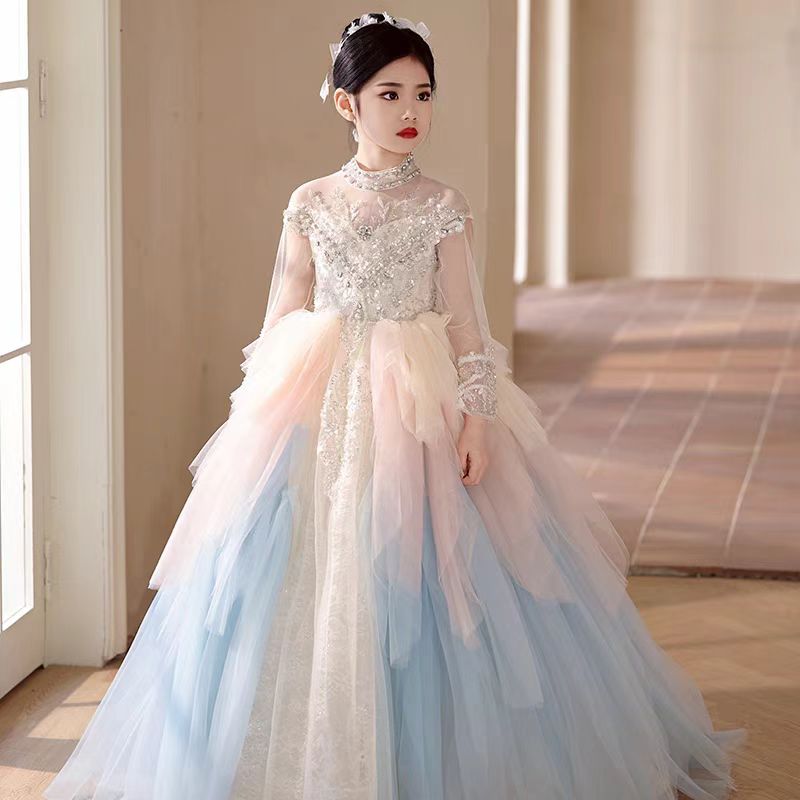 Luxury Dubai Flower Girl Dress Beaded Pearls Arabic Princess J385