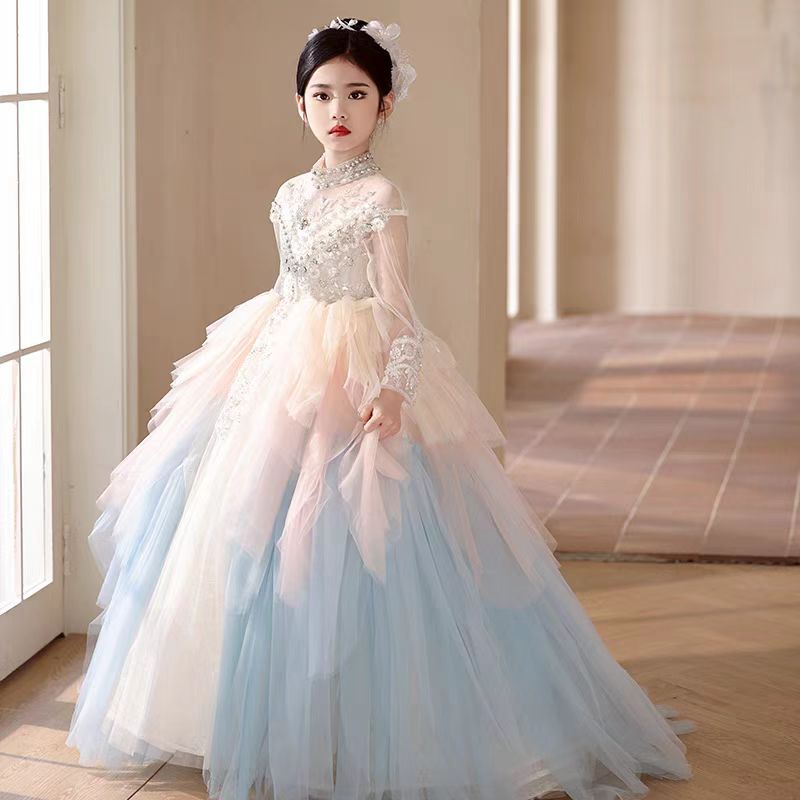 Luxury Dubai Flower Girl Dress Beaded Pearls Arabic Princess J385
