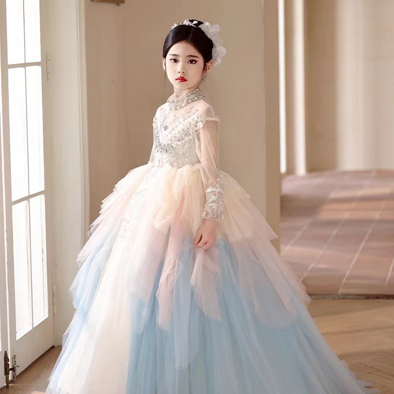 Luxury Dubai Flower Girl Dress Beaded Pearls Arabic Princess J385