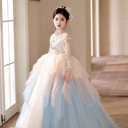 Luxury Dubai Flower Girl Dress Beaded Pearls Arabic Princess J385