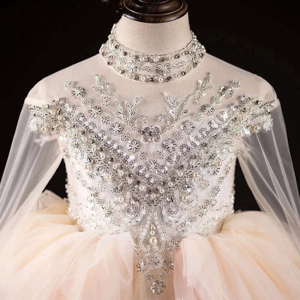 Luxury Dubai Flower Girl Dress Beaded Pearls Arabic Princess J385