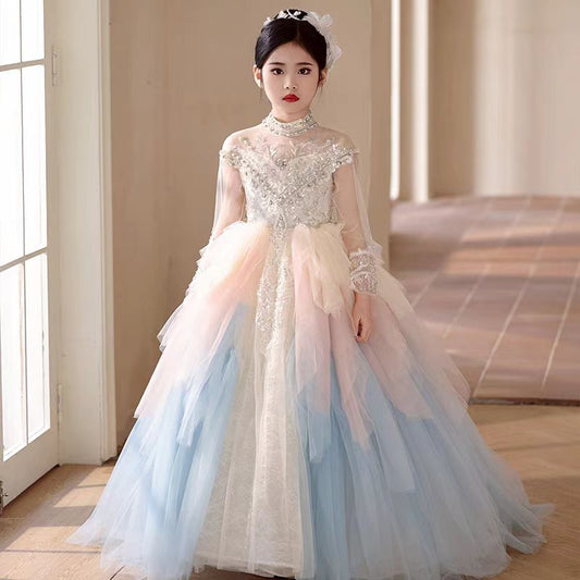 Luxury Dubai Flower Girl Dress Beaded Pearls Arabic Princess J385