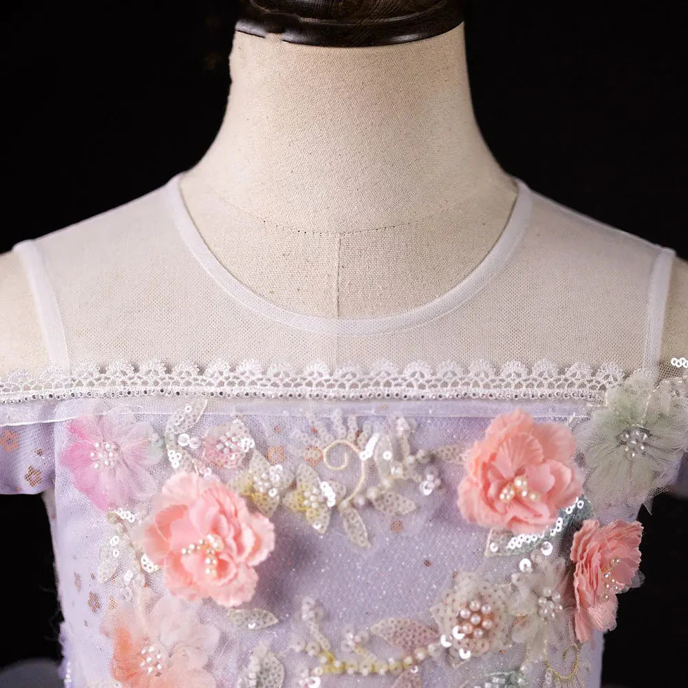 Luxury Dubai Lilac Flower Girl Dress Pearls Princess Kids J230