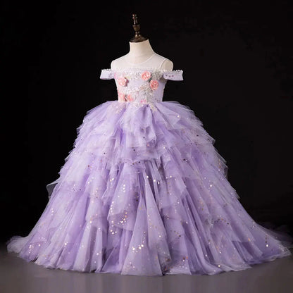 Luxury Dubai Lilac Flower Girl Dress Pearls Princess Kids J230