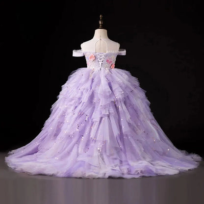 Luxury Dubai Lilac Flower Girl Dress Pearls Princess Kids J230