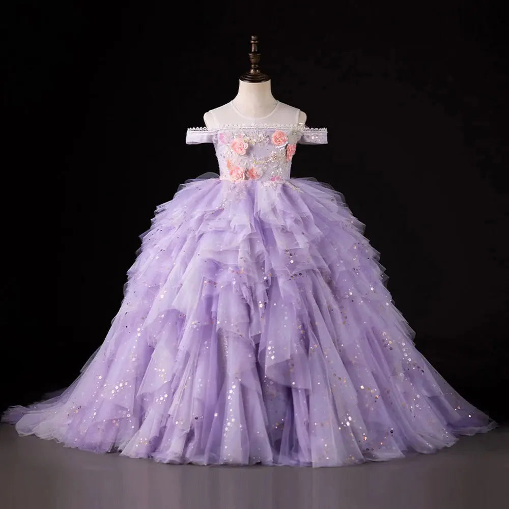 Luxury Dubai Lilac Flower Girl Dress Pearls Princess Kids J230