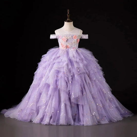 Luxury Dubai Lilac Flower Girl Dress Pearls Princess Kids J230