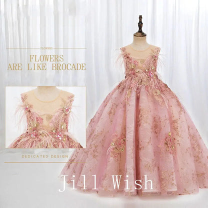 Luxury Dubai Pink Flower Girl Dresses Pearls Feathers Applique J068