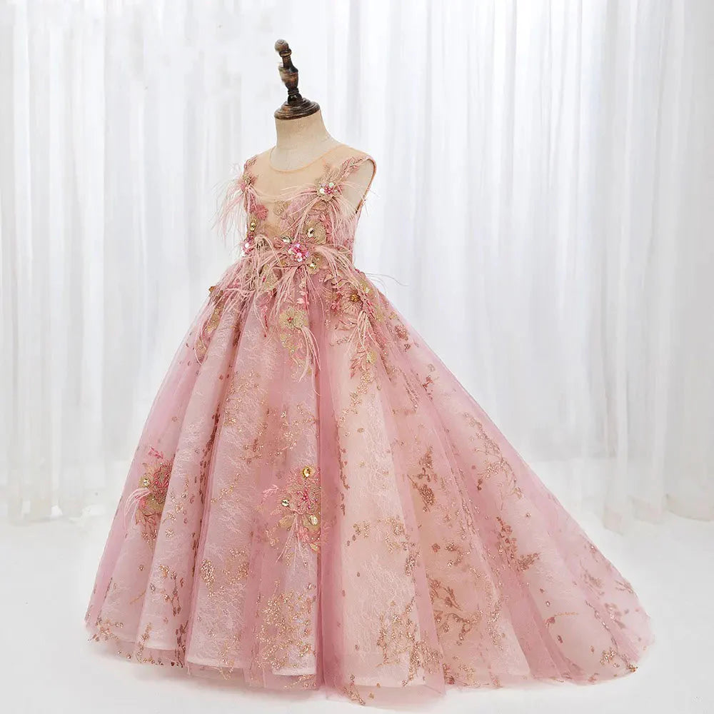 Luxury Dubai Pink Flower Girl Dresses Pearls Feathers Applique J068