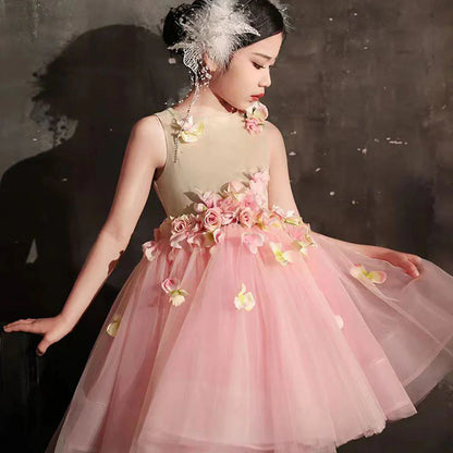 Luxury Dubai Pink Girl Dress 3D Flowers Sleeveless Ball Gown J349