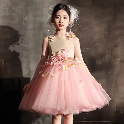 Luxury Dubai Pink Girl Dress 3D Flowers Sleeveless Ball Gown J349