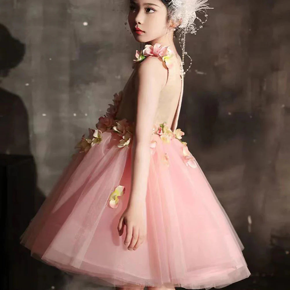 Luxury Dubai Pink Girl Dress 3D Flowers Sleeveless Ball Gown J349