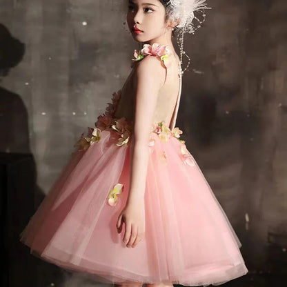 Luxury Dubai Pink Girl Dress 3D Flowers Sleeveless Ball Gown J349