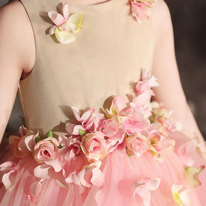Luxury Dubai Pink Girl Dress 3D Flowers Sleeveless Ball Gown J349