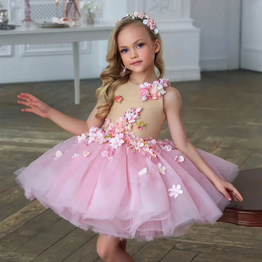 Luxury Dubai Pink Girl Dress 3D Flowers Sleeveless Ball Gown J349