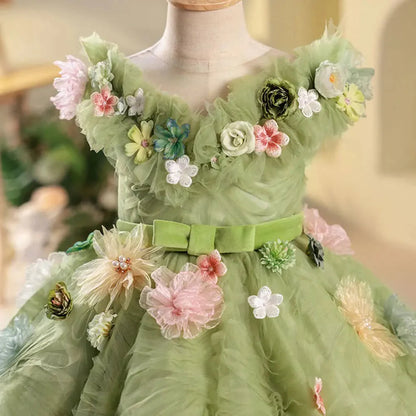 Luxury Dubai Sage Green Girl Dresses Handmade Flowers Princess J086