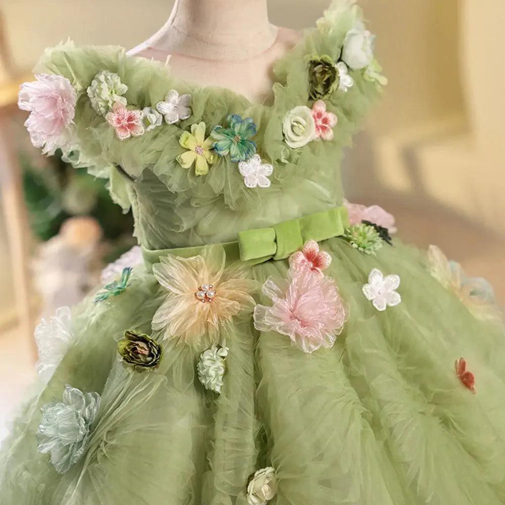 Luxury Dubai Sage Green Girl Dresses Handmade Flowers Princess J086