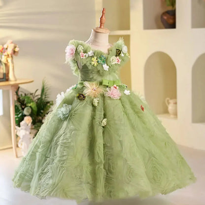 Luxury Dubai Sage Green Girl Dresses Handmade Flowers Princess J086