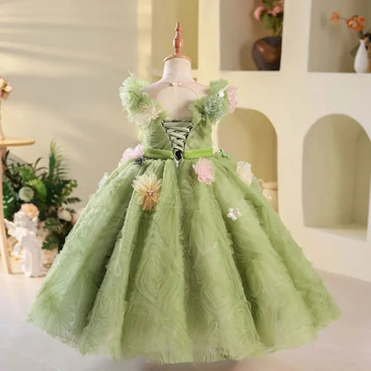 Luxury Dubai Sage Green Girl Dresses Handmade Flowers Princess J086