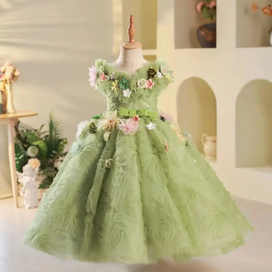 Luxury Dubai Sage Green Girl Dresses Handmade Flowers Princess J086