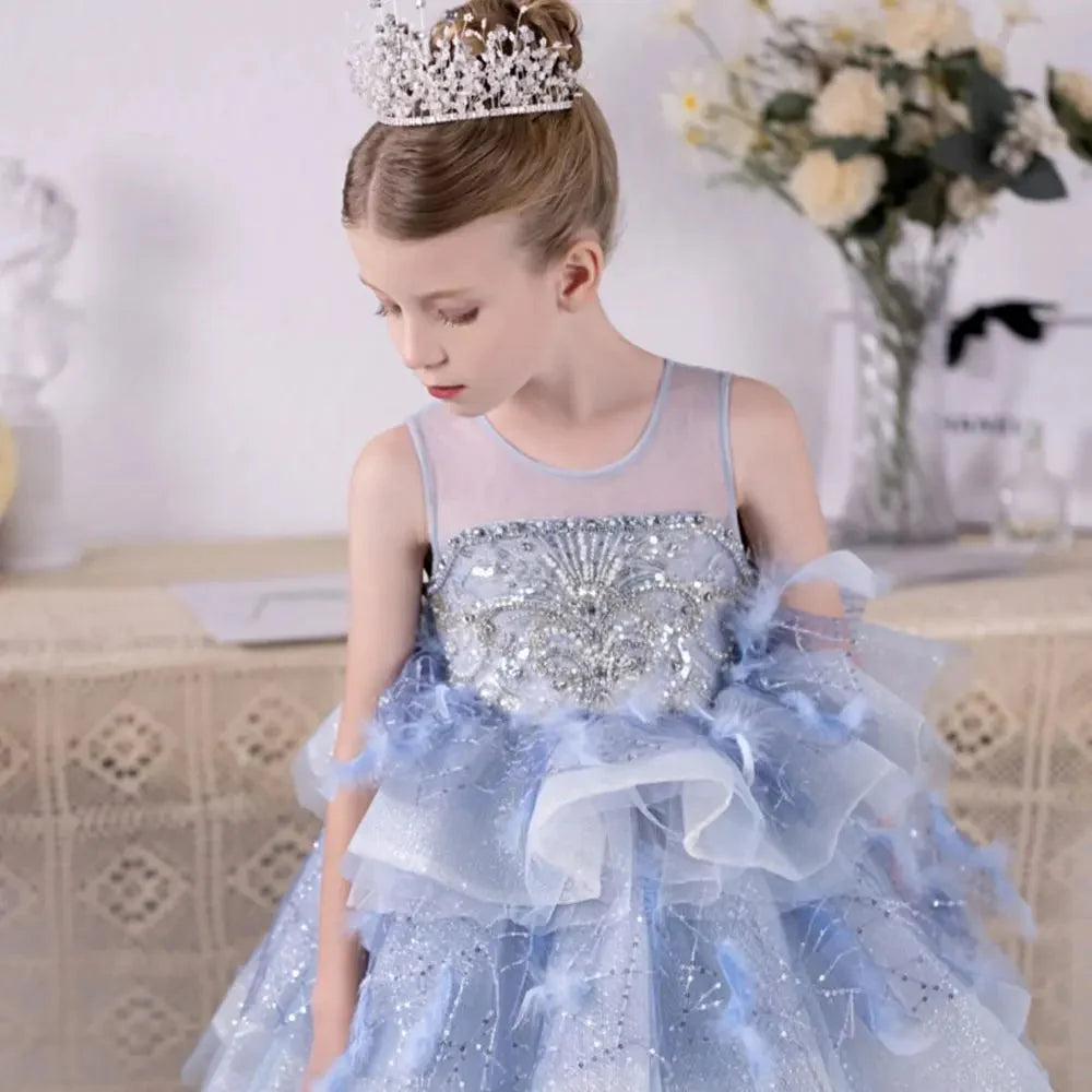Luxury Dubai Sky Blue Flower Girl Dresses Beading Feathers J134