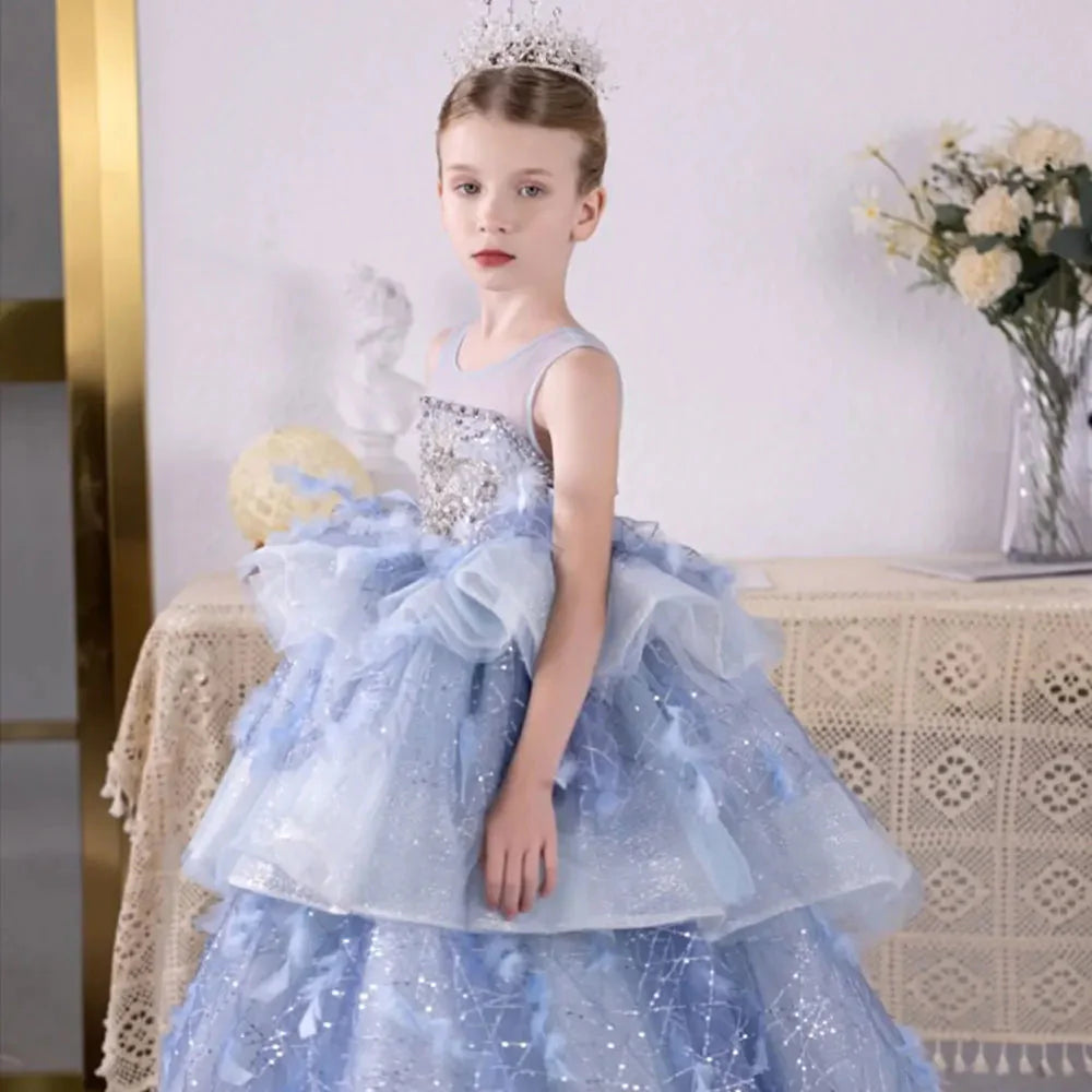 Luxury Dubai Sky Blue Flower Girl Dresses Beading Feathers J134