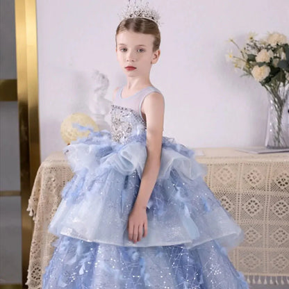 Luxury Dubai Sky Blue Flower Girl Dresses Beading Feathers J134