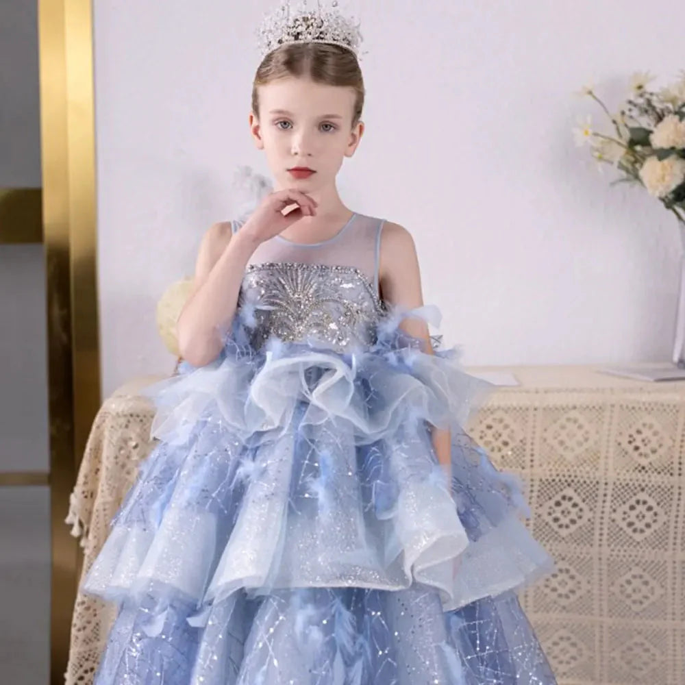 Luxury Dubai Sky Blue Flower Girl Dresses Beading Feathers J134